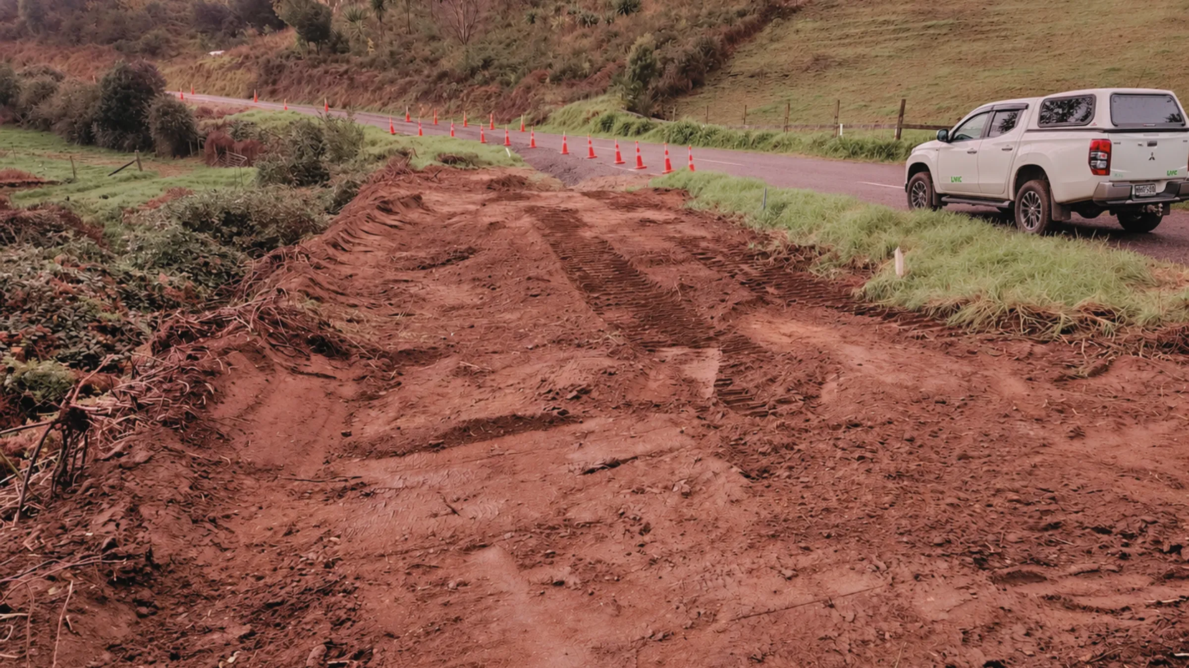 Prepared road access and earthworks formation beside a Livic ute.
