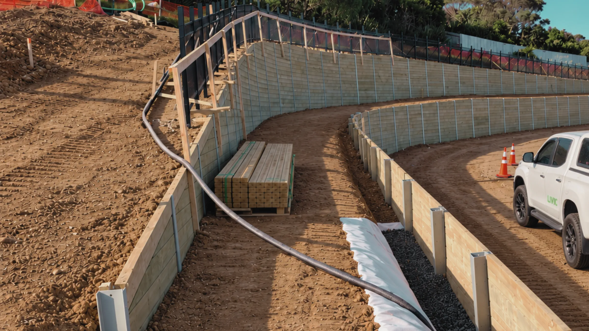 Livic ute beside stepped retaining-wall construction.
