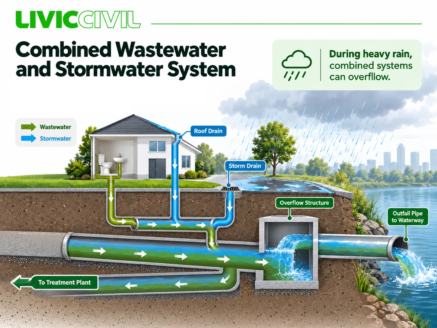 Diagram explaining how combined wastewater and stormwater systems can overflow during heavy rain.