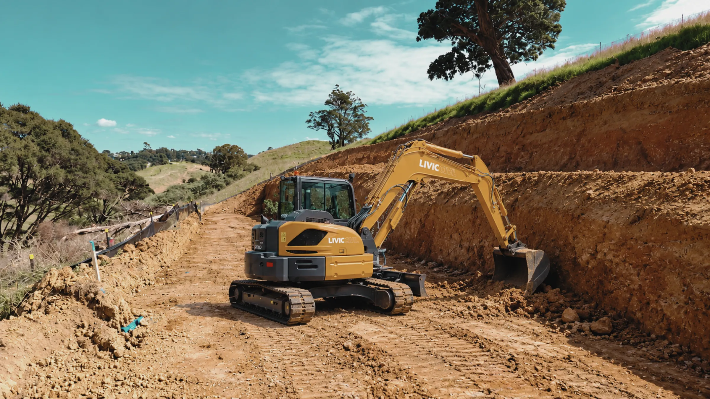 Excavator shaping batters on an earthworks slope.