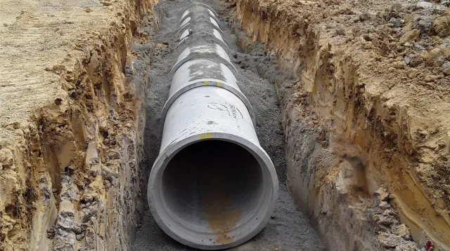 Large concrete stormwater pipe laid in a gravel-bedded trench.