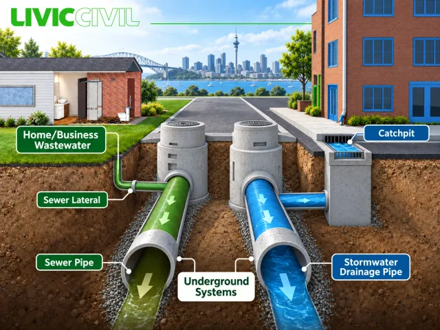 Diagram comparing wastewater and stormwater pipes and their connections to a home, catchpit and outlet.